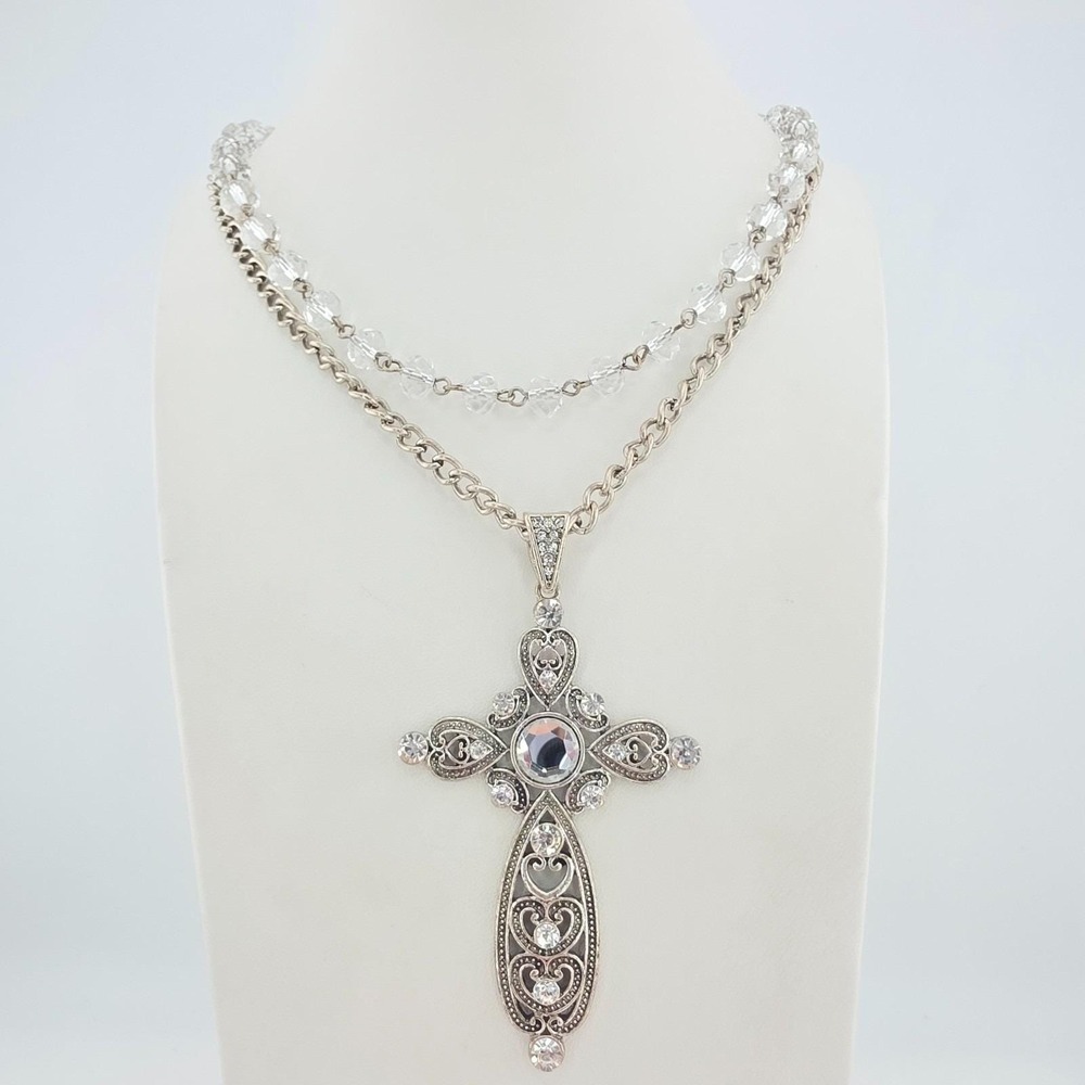 SHYANNE Crystal Cross Necklace Ornate Crystal Station 2-Strand Silver Tone 40"